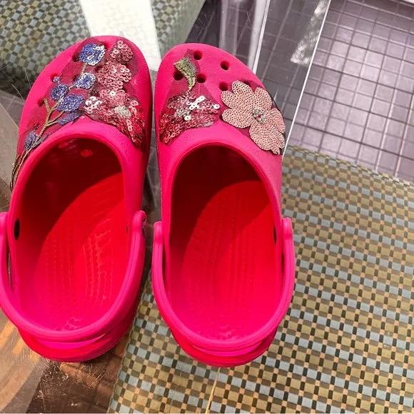 CROCS Pink Floral Mules with Glittery Accents Custom Designed