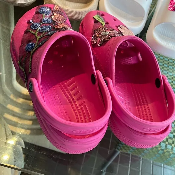 CROCS Pink Floral Mules with Glittery Accents Custom Designed