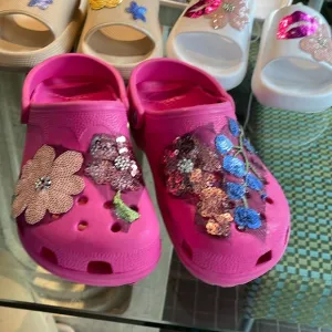 CROCS Pink Floral Mules with Glittery Accents Custom Designed