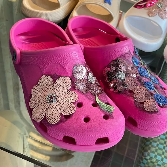 CROCS Pink Floral Mules with Glittery Accents Custom Designed