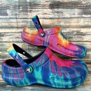Crocs Slip Resistant Clogs Multicolor Tie Dye Rubber Casual Hippie Boho Vegan 12