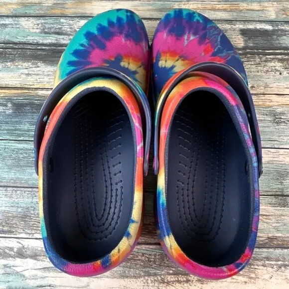 Crocs Slip Resistant Clogs Multicolor Tie Dye Rubber Casual Hippie Boho Vegan 12