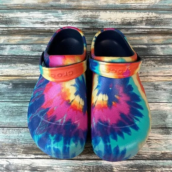 Crocs Slip Resistant Clogs Multicolor Tie Dye Rubber Casual Hippie Boho Vegan 12