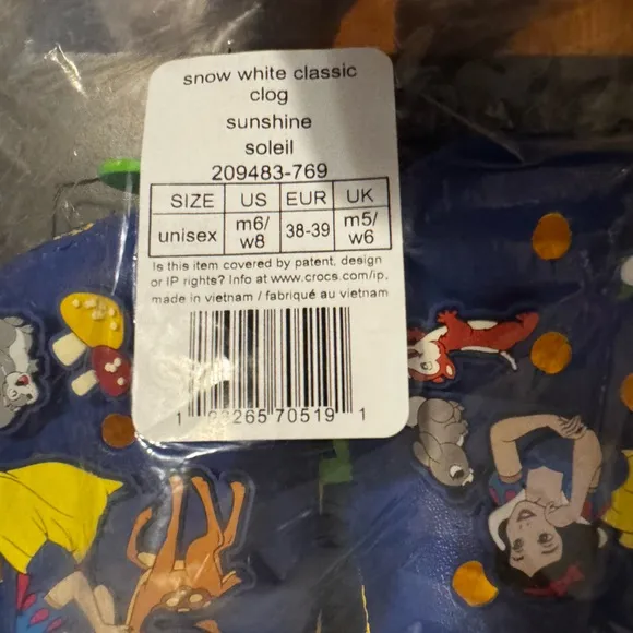 Crocs Snow White Women’s 8 Men’s 6 Blue Yellow Red Disney Limited Edition SR3