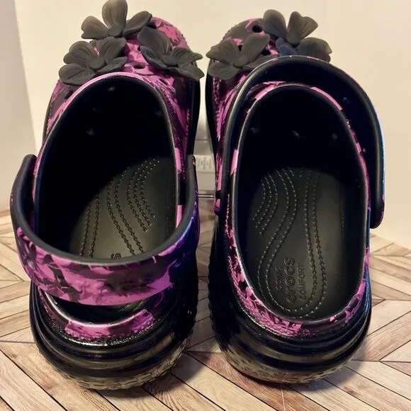 Crocs Stomp Hyper Floral High Shine Black Purple Womens 8 Clog 209687 3D Flowers