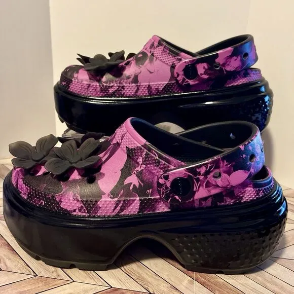 Crocs Stomp Hyper Floral High Shine Black Purple Womens 8 Clog 209687 3D Flowers