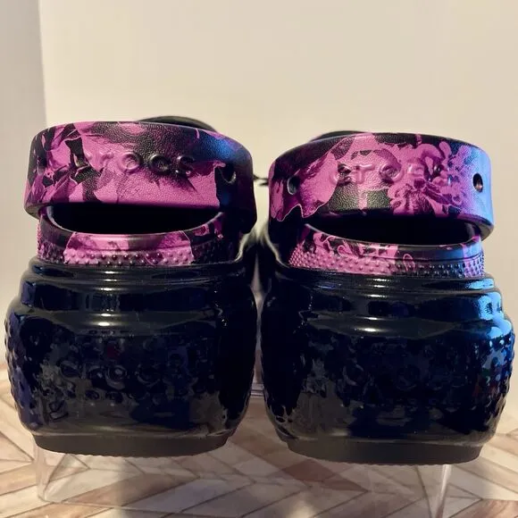 Crocs Stomp Hyper Floral High Shine Black Purple Womens 8 Clog 209687 3D Flowers