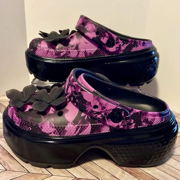 Crocs Stomp Hyper Floral High Shine Black Purple Womens 8 Clog 209687 3D Flowers