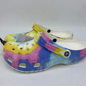 Crocs Tie Dye‎ Clog Shoes Mens 10 Multi Color Graphic Slip On Comfort Logo NEW