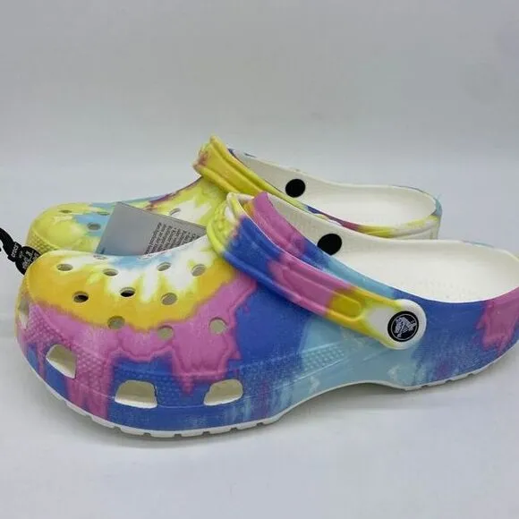 Crocs Tie Dye‎ Clog Shoes Mens 10 Multi Color Graphic Slip On Comfort Logo NEW