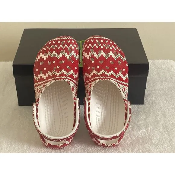 Crocs Womens 8 Mens 6 Clogs Classic Holiday Sweater Red White Christmas Shoe