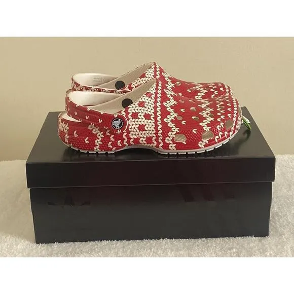 Crocs Womens 8 Mens 6 Clogs Classic Holiday Sweater Red White Christmas Shoe