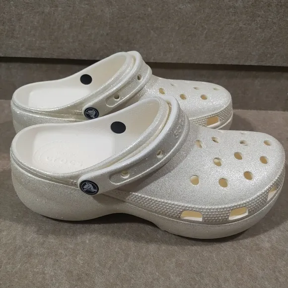Crocs Women's Classic Platform Glitter Chalk Ivory Clog