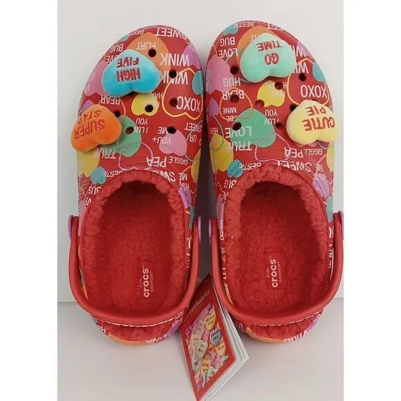 CROCS x SWEETHEARTS Limited Edition Lined Clog White Red Sz J5 Valentine's New