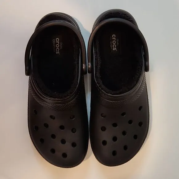 Crocs 203591 Black Faux Fur Lined Dual Comfort Clogs Size Mens 9 Womens 11 NICE!
