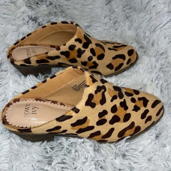 Crown &amp; Ivy Cheetah Print Kylie Low Heel Mules Faux Calf hair EUC size 6.5