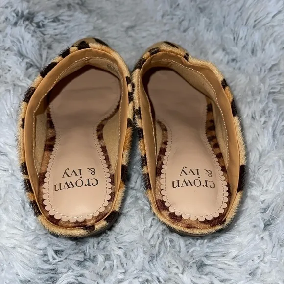 Crown &amp; Ivy Cheetah Print Kylie Low Heel Mules Faux Calf hair EUC size 6.5
