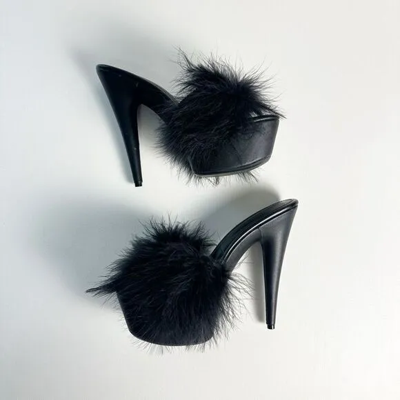 CURRENT MOOD Sinful Money Hunny Black Maribou Platform Slide Heels Size 38