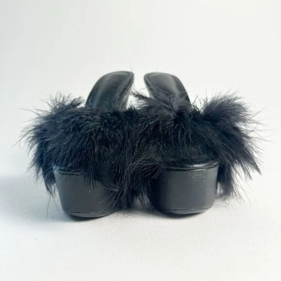 CURRENT MOOD Sinful Money Hunny Black Maribou Platform Slide Heels Size 38