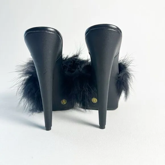 CURRENT MOOD Sinful Money Hunny Black Maribou Platform Slide Heels Size 38