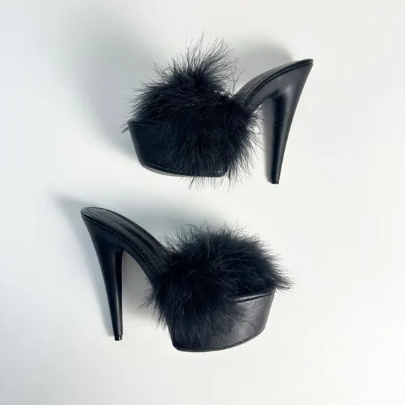 CURRENT MOOD Sinful Money Hunny Black Maribou Platform Slide Heels Size 38