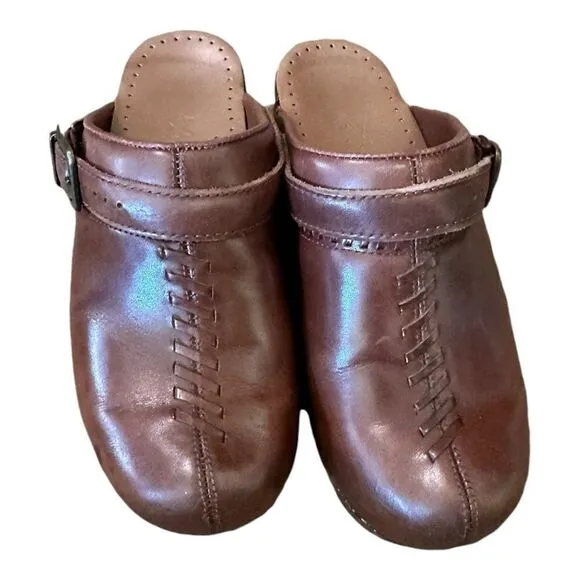 Dansko Brown Leather Clogs Braided Women's Comfort Backless Heel Strap 38 7.5-8
