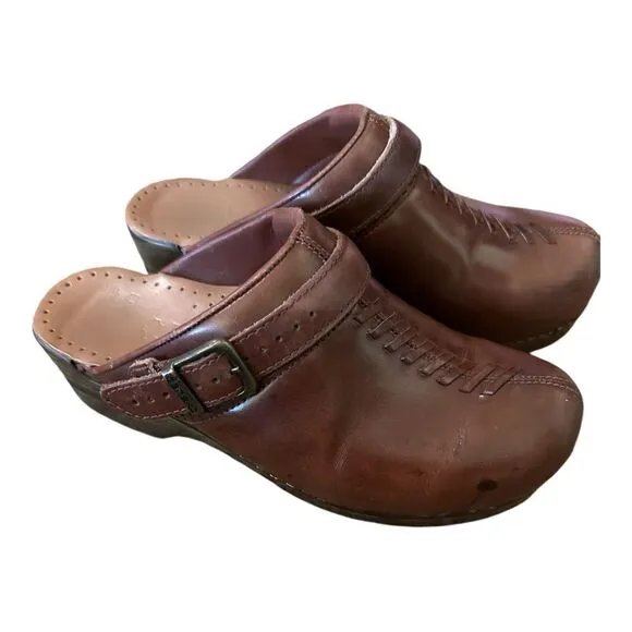 Dansko Brown Leather Clogs Braided Women's Comfort Backless Heel Strap 38 7.5-8
