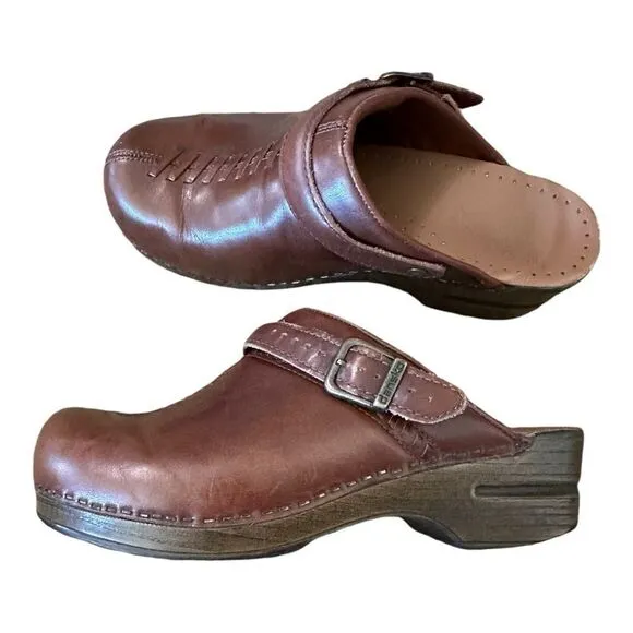 Dansko Brown Leather Clogs Braided Women's Comfort Backless Heel Strap 38 7.5-8