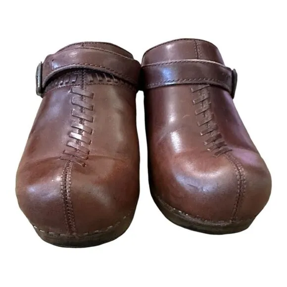 Dansko Brown Leather Clogs Braided Women's Comfort Backless Heel Strap 38 7.5-8
