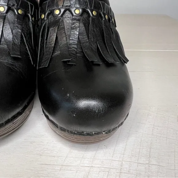 Dansko Deni Fringe Black Leather Platform Mule Clogs