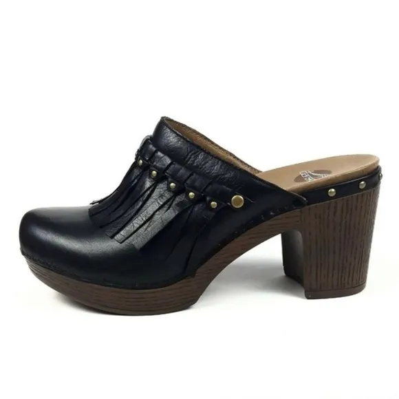Dansko Deni Fringe Black Leather Platform Mule Clogs