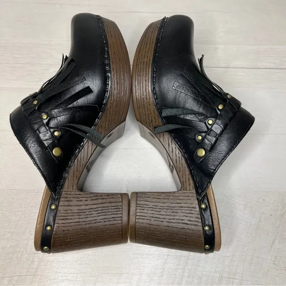 Dansko Deni Fringe Black Leather Platform Mule Clogs
