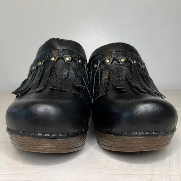 Dansko Deni Fringe Black Leather Platform Mule Clogs