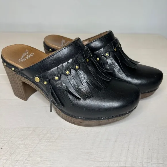 Dansko Deni Fringe Black Leather Platform Mule Clogs