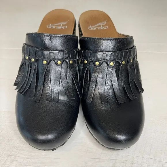 Dansko Deni Fringe Black Leather Platform Mule Clogs