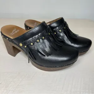 Dansko Deni Fringe Black Leather Platform Mule Clogs