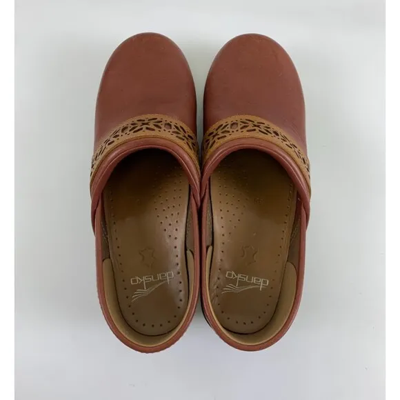 Dansko Pavan Clogs Cinnamon Leather Cut Out Detail Comfort Slip On Womens 38 7.5