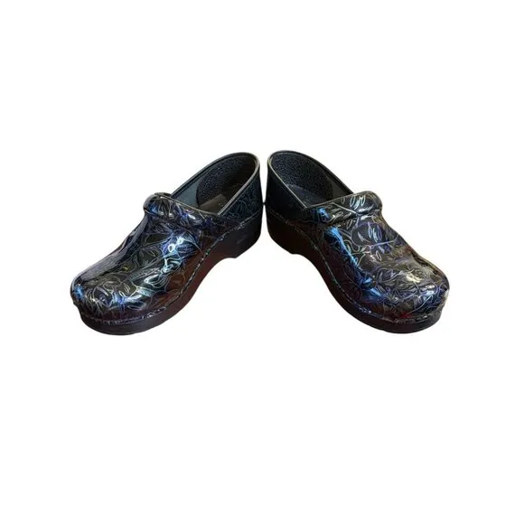 Dansko Professional Clogs 38 Blue and Black Patent Leather Comfort Nurse Shoes