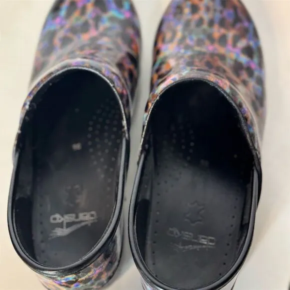 Dansko Professional Leopard Iridescent Patent Leather Clogs Sz 39 Euro US 8.5-9