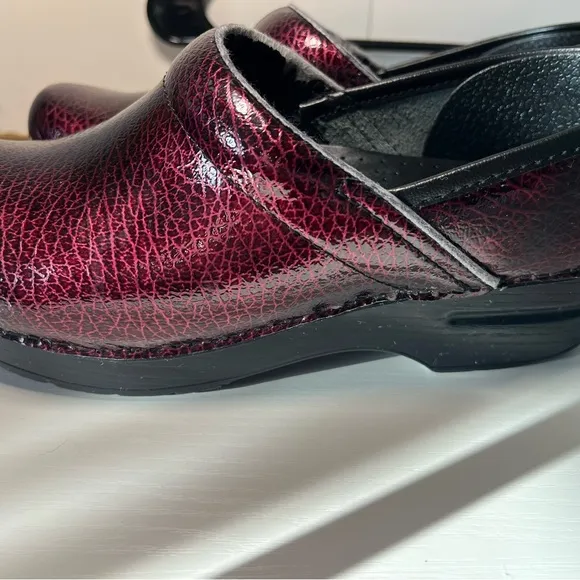 Dansko Red Mules with Metallic Sheen and Rounded Toe