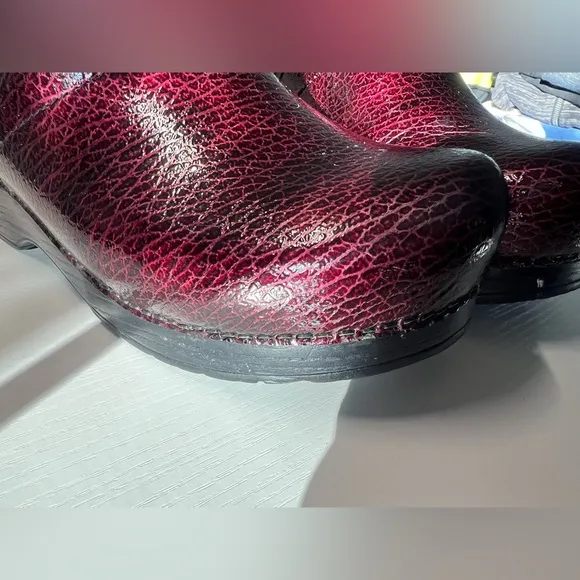 Dansko Red Mules with Metallic Sheen and Rounded Toe