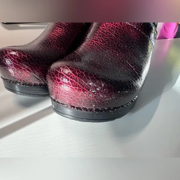 Dansko Red Mules with Metallic Sheen and Rounded Toe