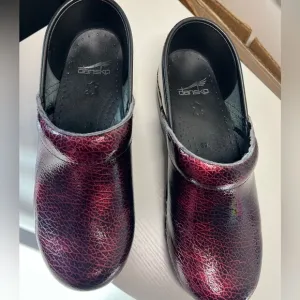 Dansko Red Mules with Metallic Sheen and Rounded Toe