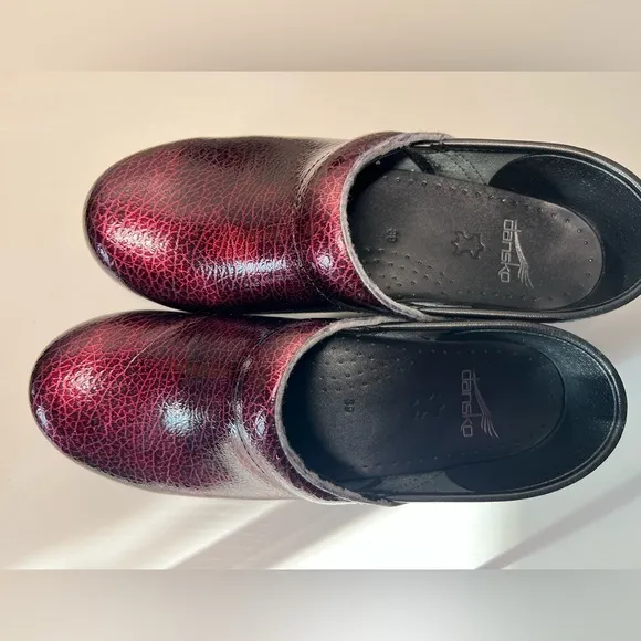 Dansko Red Mules with Metallic Sheen and Rounded Toe