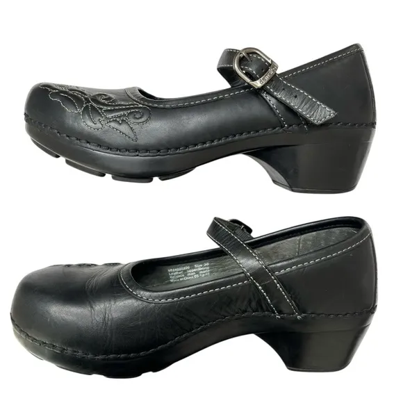 Dansko Savanna 38 7.5/8 Mary Jane Comfort Clogs Embroidered Black Leather Shoes