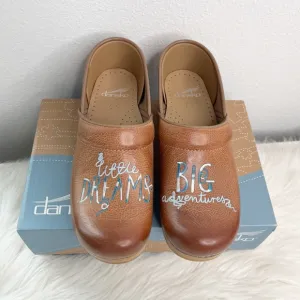 Dansko Twin Pro Clog Embroidered Leather Size 38 Dreams Adventure Tan Blue Boho