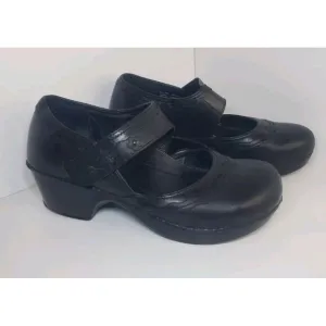 DANSKO Women's Black Leather Harlow Floral Applique Mary Jane Clogs Shoes 40/9.5