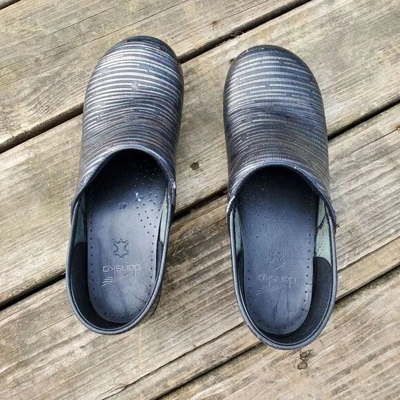 Dansko Professional Multi Twine Rainbow Blue Purple Silver Leather Nursing Clogs
