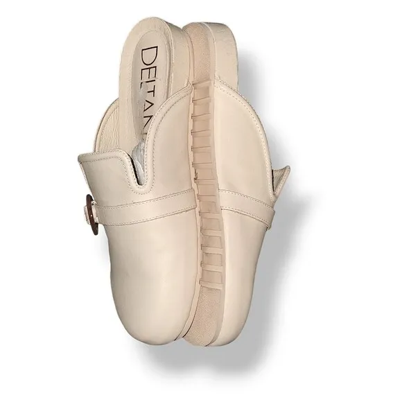 Deltan Brynn Leather Buckle Bohemian Lagan Look Mules SZ 8.5M Ivory leather