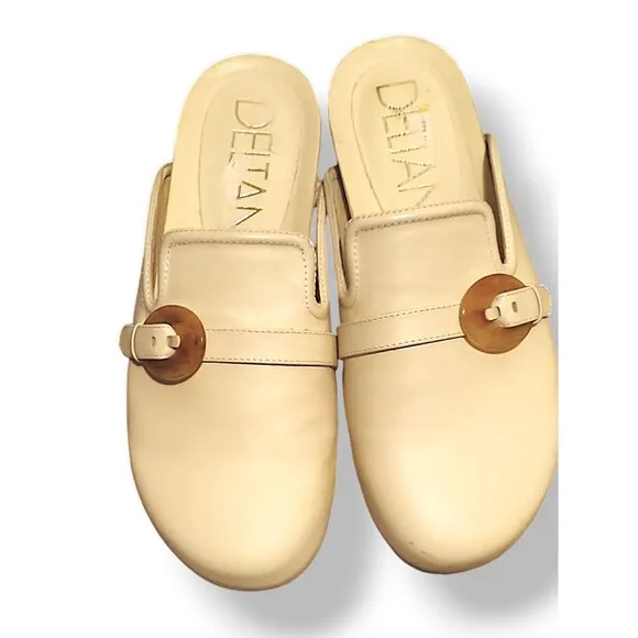 Deltan Brynn Leather Buckle Bohemian Lagan Look Mules SZ 8.5M Ivory leather